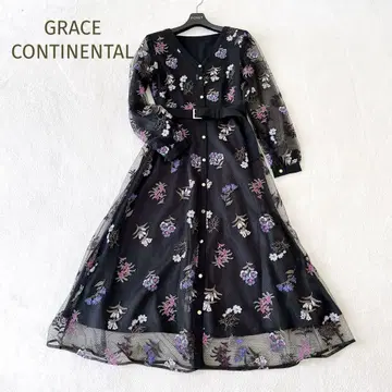 미사용급 GRACE CONTINENTAL 튤 플라워 원피스 블랙 36