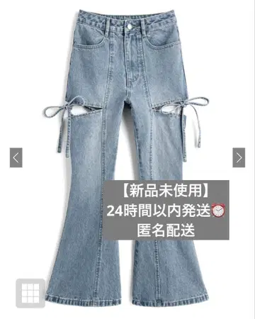 grl 그레일 사이드 컷 아웃 리본 플레어 데님 팬츠 블루 XS