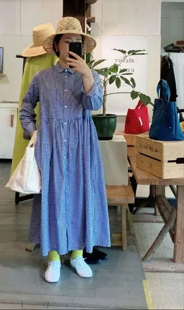 아틀리에 에마우 코튼 깅엄 체크 원피스