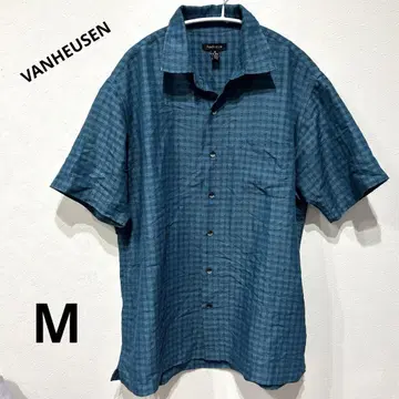 VANHEUSEN 반팔 셔츠 M 체크 무늬 파랑 그린 USA 남성용