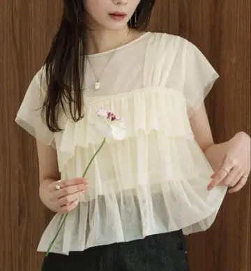 hinari 튤 프릴 프렌치 슬리브 상의
