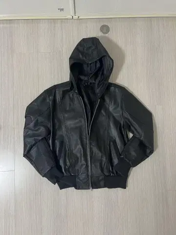 천연 가죽 후드 부착 블랙 가죽 자켓 XL