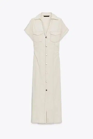 ZARA 화이트 허리 개더 장식 미디 원피스
