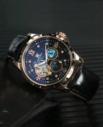 자동 와인딩 스켈레톤 손목시계 블랙/골드