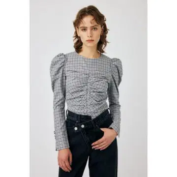 [ moussy ] 퍼프 슬리브 개더 블라우스 체크