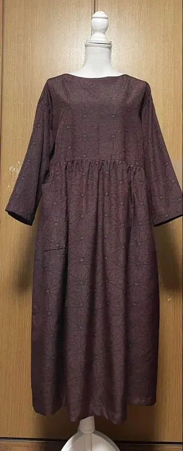 기모노 리메이크 린넨 아사노하 패턴 쓰무기 허리 개더 원피스