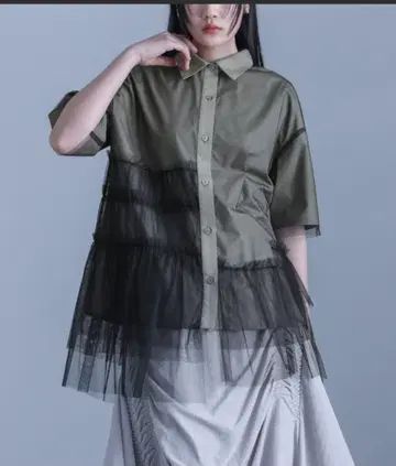 kOhAKU 올리브 그린 반팔 레이어드 셔츠