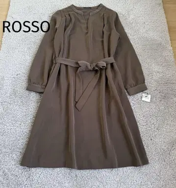 ROSSO 긴팔 새틴 원피스 허리 리본 포함 브라운