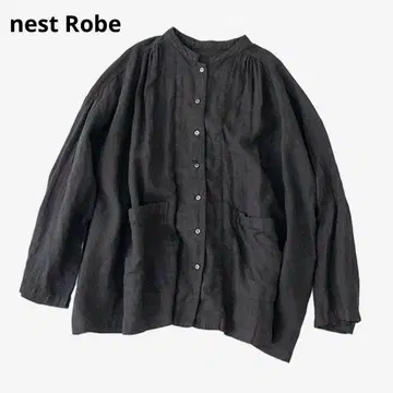 네스트로브 린넨 에어리 셔츠 자켓 블랙 스탠드 카라 개더