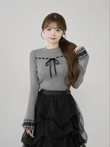 Darich 체크 커프스 리본 니트탑 GRY 그레이