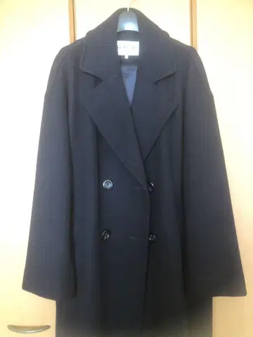 울 네이비 더블 브레스트 롱 코트