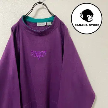 90s 빈티지 맨투맨 보라색 바이컬러 장미 자수 포켓 속기모