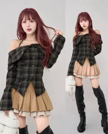 Darich 홀터 오프숄더 체크 셔츠