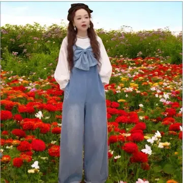 즉시 구매 환영! 리본 데님 살로펫 오버롤 체형 커버 루즈핏 XL