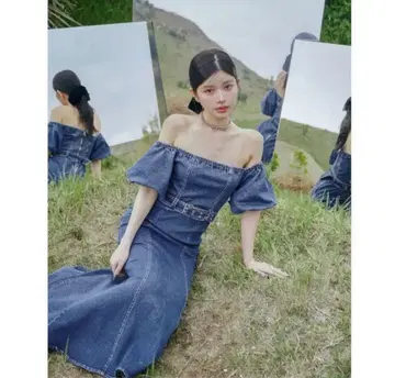 다리치 데님 오프숄더 롱 원피스 블루 FS