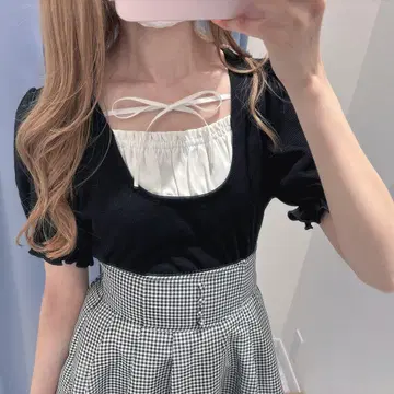 evelyn 반팔 셔링 리브 TP 블랙