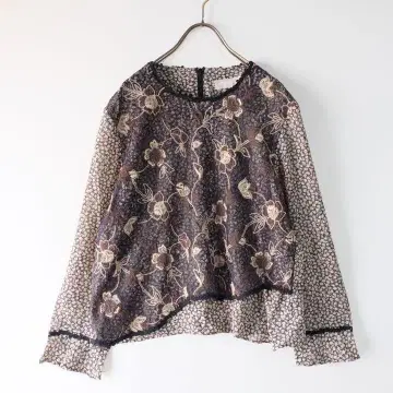 used 레트로 구제 의류 꽃무늬 올 패턴 자수 레이스 블라우스