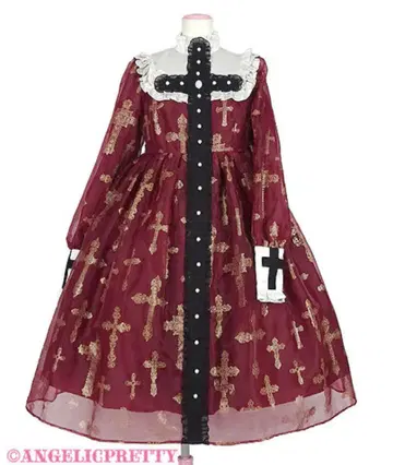 Angelic Pretty 와인 레드 십자가 패턴 원피스