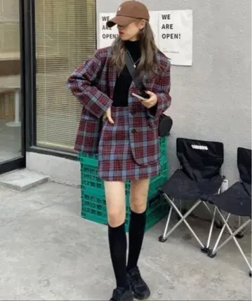 체크 무늬 테일러드 자켓 셋업