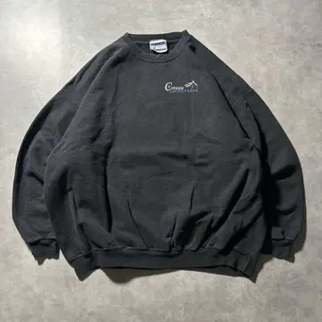 HANES 90s 자수 택 원포인트 로고 숯 블랙 프린트 맨투맨
