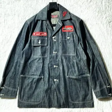 SKULL SHIT 90s 리지드 블랙 네이비 데님 커버올 자켓 와펜