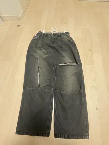 9090 블랙 데미지 와이드 팬츠