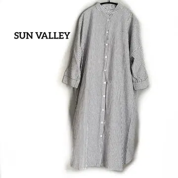 SUNVALLEY 면린넨 밴드 카라 원피스 스트라이프 긴팔 루즈한 사이즈