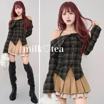 택 포함 새상품 다리치 홀터 오프숄더 체크 셔츠 카키