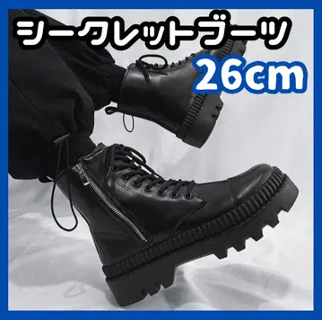 통굽 부츠 남녀 공용 레이스업 사이드 지퍼 가죽 부츠 블랙 컬러 26cm