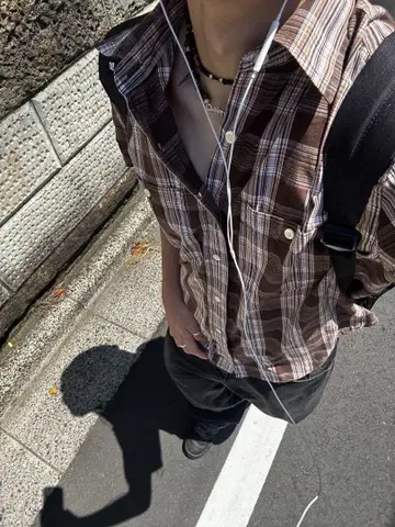 Gap 브라운 체크 무늬 반팔 셔츠