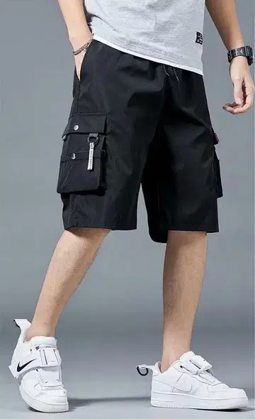 블랙 XL 남성용 하프 팬츠 숏팬츠 포켓 부착 카고 팬츠 심플 무지 1