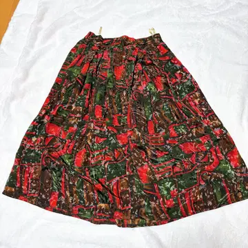 플레어 스커트 빨강 그린 패턴 허리밴딩 지퍼 포함