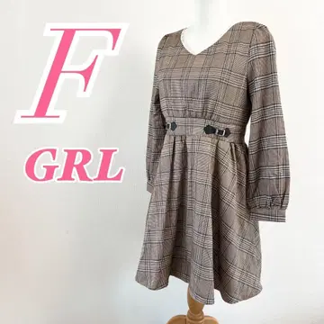 GRL 플레어 원피스 베이지 브라운 M V넥 체크 무늬