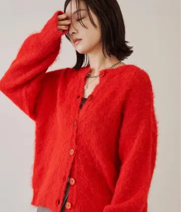 레드 모헤어 혼방 가디건