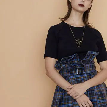 체크 패턴 플레어 스커트 파랑 블루 하이웨스트 롱 미디