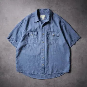 00s Eddie Bauer 무지 린넨 셔츠 반팔 셔츠 라이트 블루