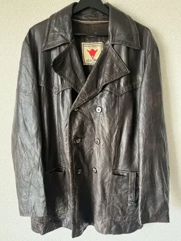 브라운 가죽 더블 체스터 코트 빈티지 70s