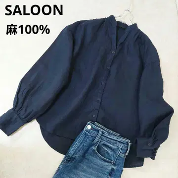 새상품급 SALOON 살룬 린넨100% 블라우스 네이비 배송비 포함