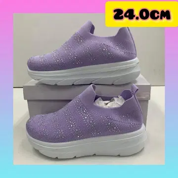 24.0cm 여성용 새상품 통굽 스톤 장식 슬립온 스니커즈 보라색