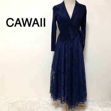 CAWAII 네이비 컬러 플리츠 꽃무늬 레이스 스타일리시 드레스