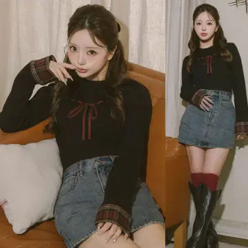 다리치 체크 커프스 리본 니트탑 블랙