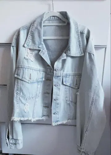 라이트 블루 데님 자켓 프린지 가공