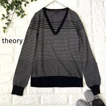 Theory 울 100% 블랙 x 화이트 스트라이프 V넥 긴팔 니트 S