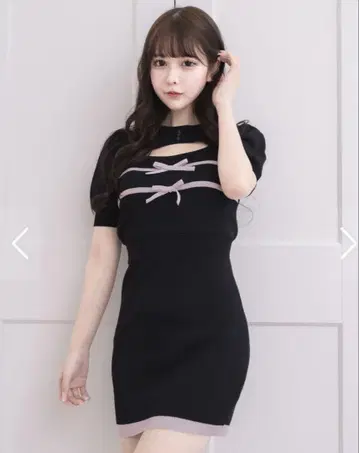 pium 리본 테이프 레이어드 반팔 니트 원피스