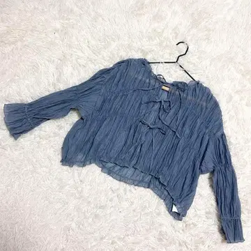 RETRO GIRL 고품질 시어 블라우스 셔링 리본 블루 ( F )