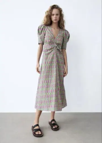 ZARA 자라 퍼프 슬리브 파워 숄더 맥시 체크 원피스 V넥 롱 S