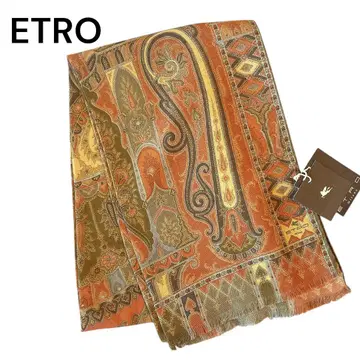 미사용 택 포함 ETRO 스톨 페이즐리 오렌지 계열 실크 울