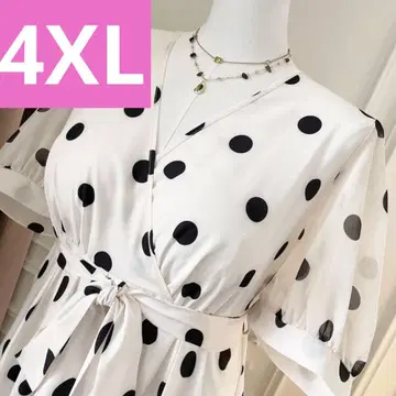 즉시 발송 도트 무늬 롱 원피스 리본 V넥 반팔 시어 화이트 4XL
