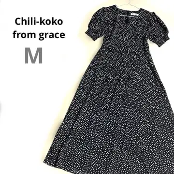 Chili-koko 미니 꽃무늬 반팔 롱 원피스 블랙 블랙 리본 V넥 M