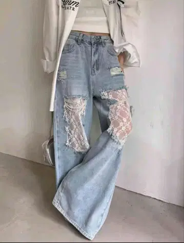 미사용 새상품 청바지 여성용 롱 데미지 데님 팬츠 루즈한 사이즈